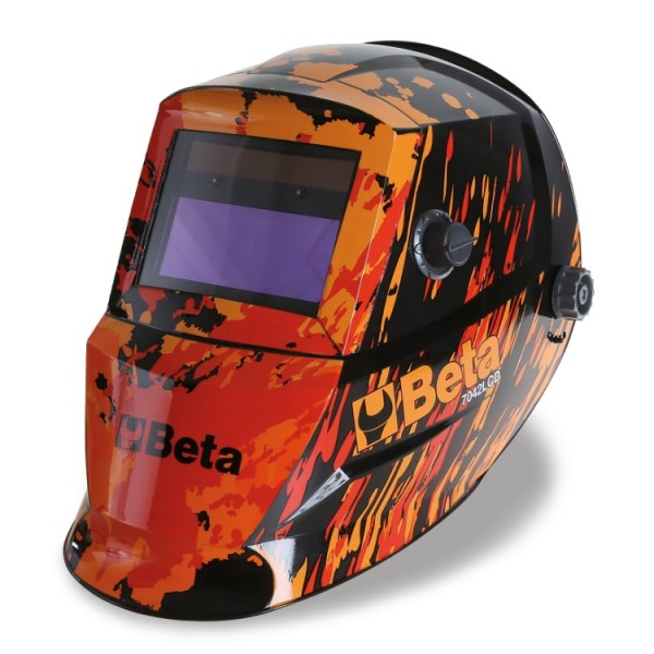 BETA Tools 7042LCD Auto-darkening LCD mask, for electrode welding; MIG/MAG; TIG and plasma. Solar cells power supply and lithium batteries for outstanding LCD filter life