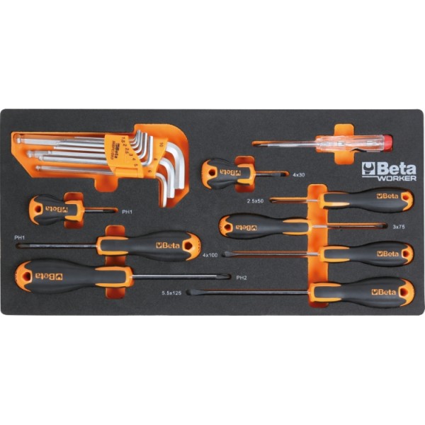 Beta Tools BW 2200E/21 Portable tool chest with assortment of 159 tools, integrated soft foam tray. Wrenches, pliers, nippers, knives