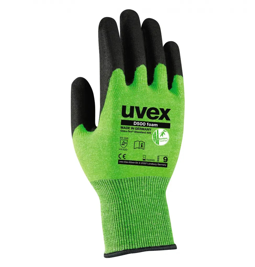 uvex D500 foam, Level D blade cut resistance, very high abrasion resistance, Available in sizes: 7 to 11 