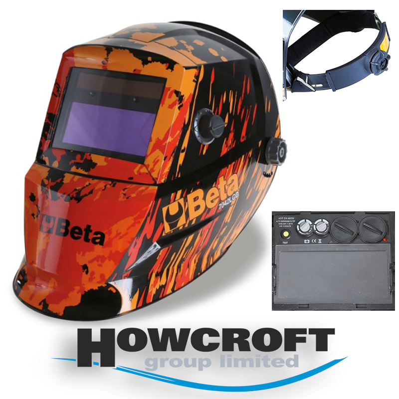 BETA Tools 7042LCD Auto-darkening LCD mask, for electrode welding; MIG/MAG; TIG and plasma. Solar cells power supply and lithium batteries for outstanding LCD filter life