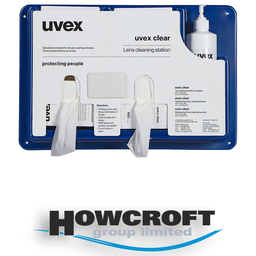 [cleaning station] uvex safety eyewear cleaning station, suitable for all uvex safety spectacles, Includes cleaning tissues, cleaning fluid and mirror. Comes complete with mounting screws and double sided stickers for wall mounting