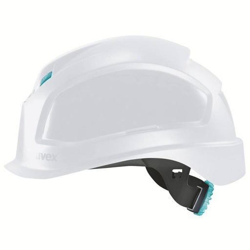 [9772043] uvex pheos planet B-WR short brim PPE Safety Helmet. Shell made of 30% bioplastic and headband made of 50% ground waste shells. Size 52 to 61 cm. Euroslot adapter for attaching earmuffs and uvex visor. Shortened brim ensures unrestricted upwards vision