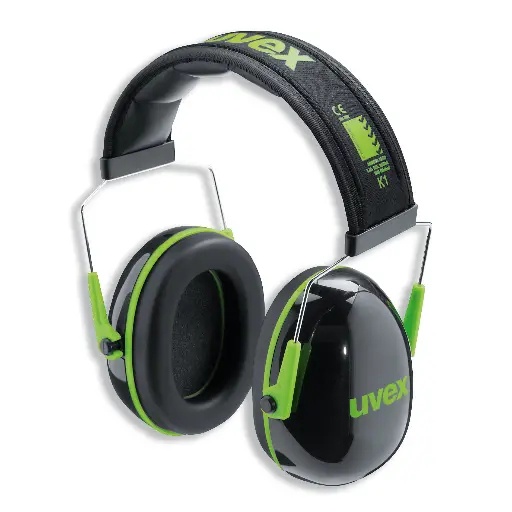 [K1 earmuffs] uvex K1 earmuffs for low noise areas. Padded metal, fully adjustable low clamping suspension system with soft cushions. Foldable for easy storage. SNR 28dB PPE Hearing Protection