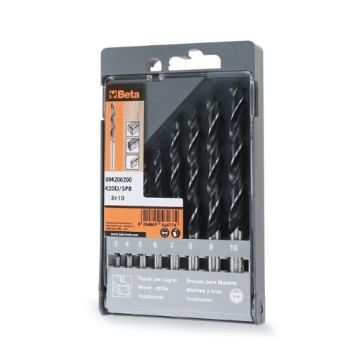 [420D/SP8] Beta Tools 420D/SP8 Set of twist drills with cylindrical shanks, for wood, 2 cutters, centre guide drill bits